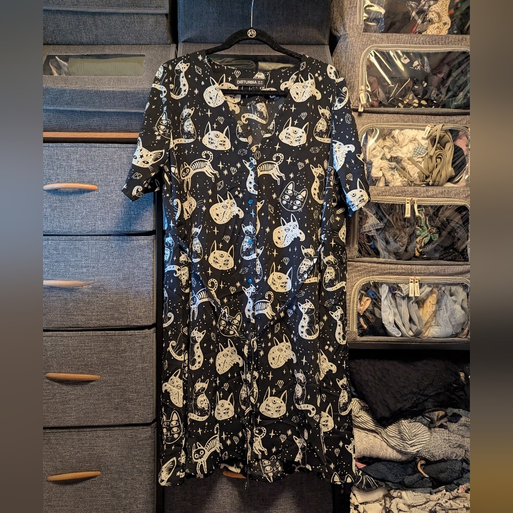 Disturbia Black and Cream Celestial Cat Pattern Midi Dress